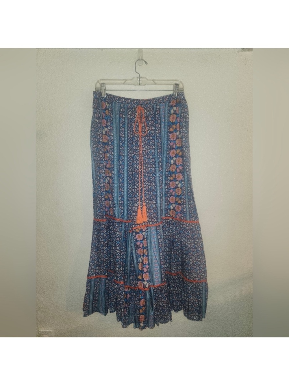 easel Blue Floral Patchwork Wide leg boho pants  with Orange Trim NWOT - Picture 9 of 15
